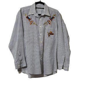 Marquis women's size L embroidered embellished blue pinstripe long sleeve shirt